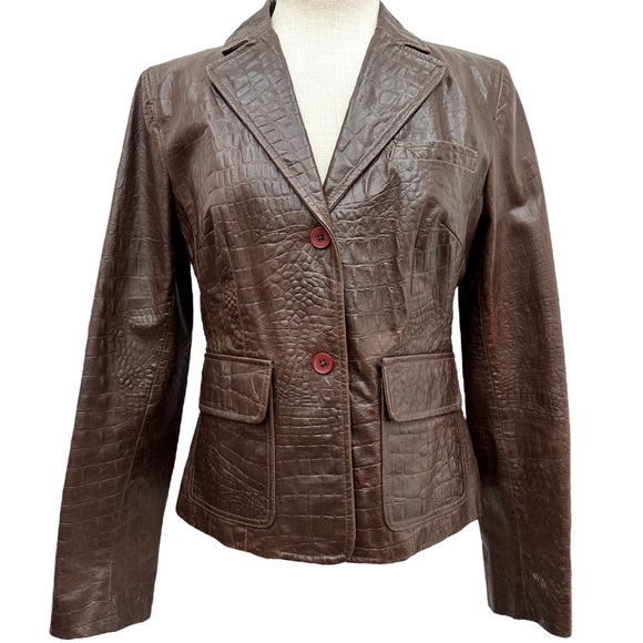 LOFT Brown Reptile Embossed Leather Two-Button Blazer Jacket - Picture 2 of 10